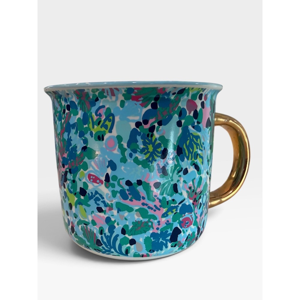 Lilly Pulitzer Coffee Mug  8oz Blue Floral Gold Handle Dive In Graphic